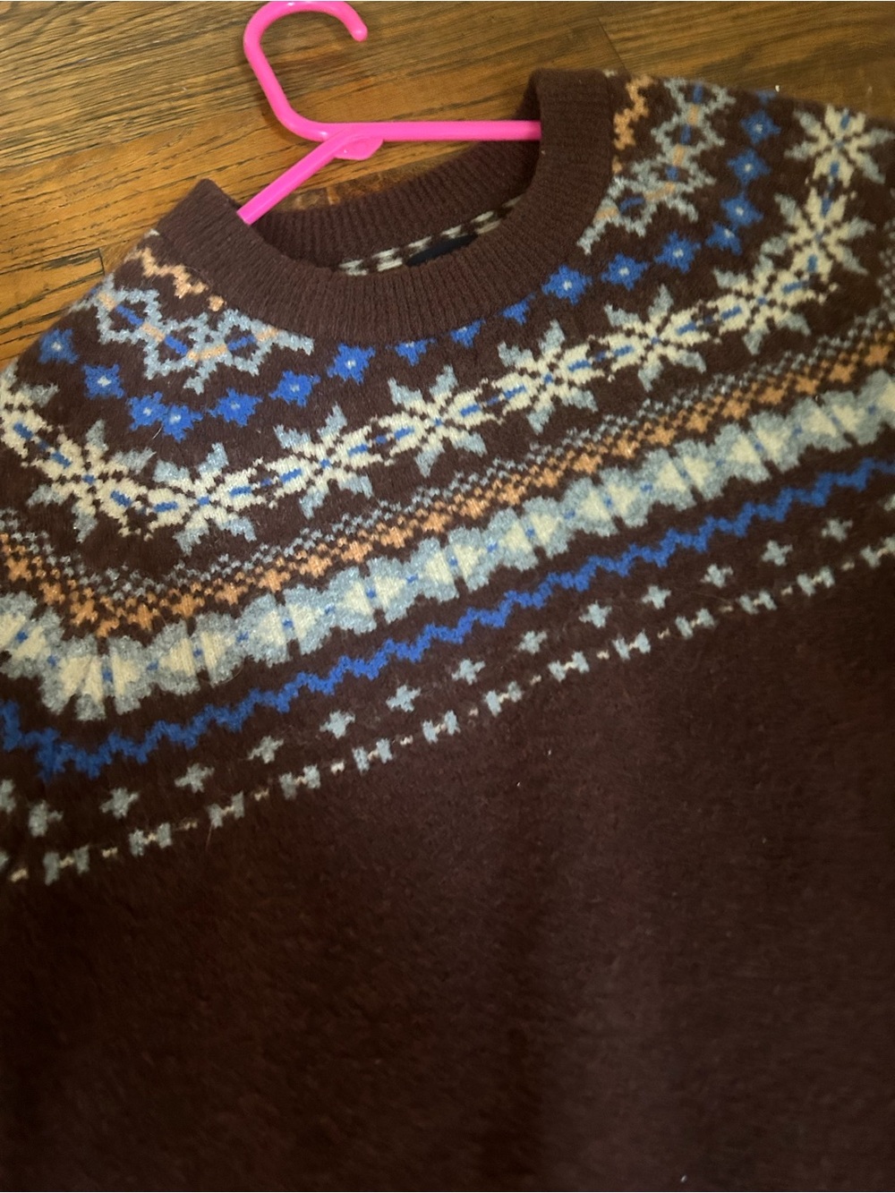 GAP Dark Brown Fair Isle Crewneck Sweater with Blue and Cream Accents